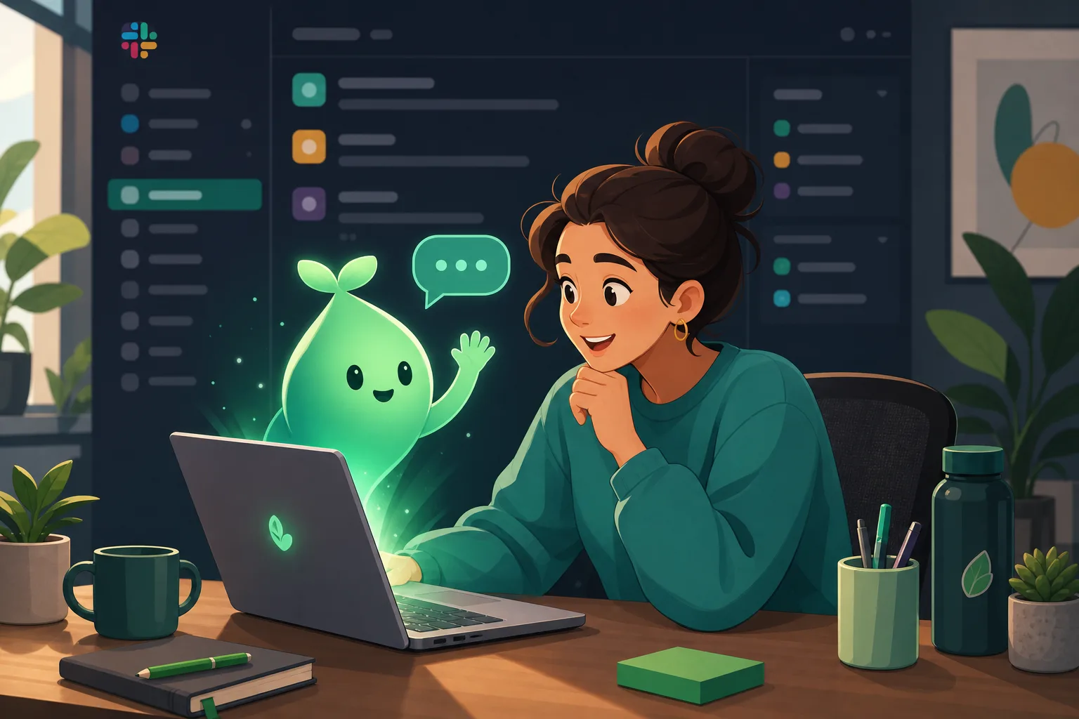 A new employee at their desk on day one, greeted by a friendly glowing green leaf-sprout chat bot waving hello from their laptop