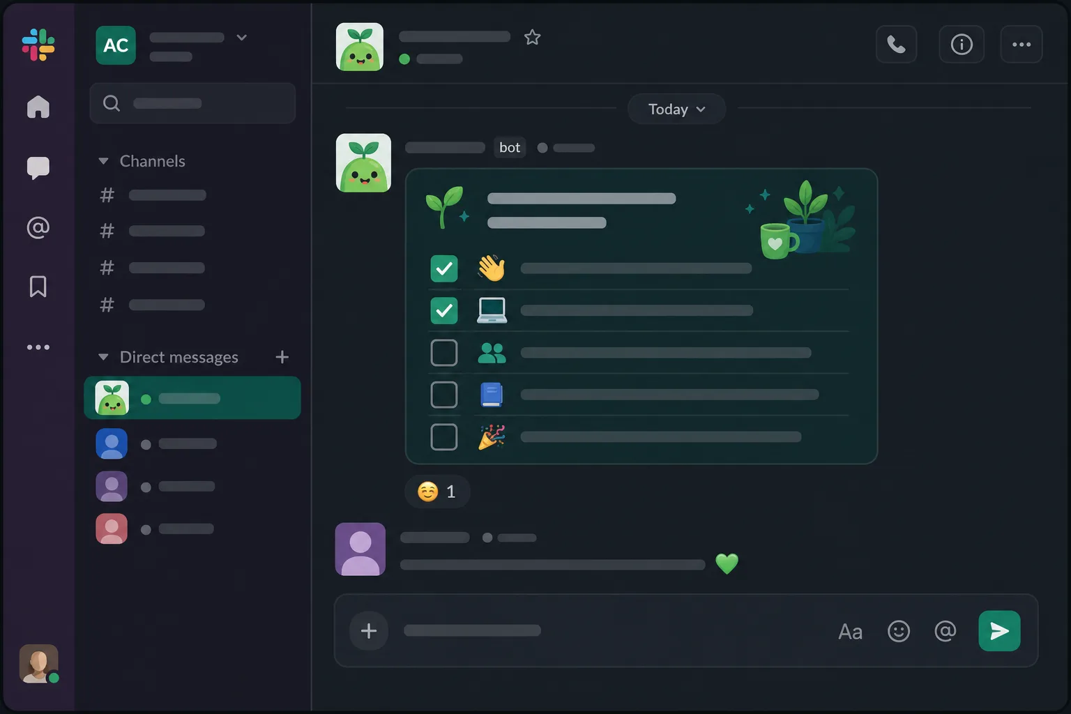 A Slack direct message thread where a friendly green bot drips an onboarding checklist to a new hire, with the first couple of items already checked off