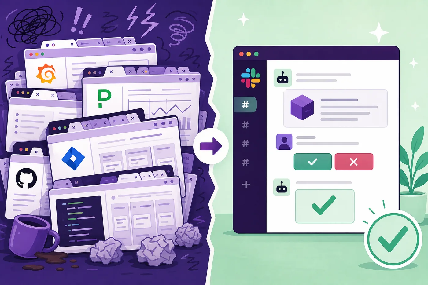 Split illustration contrasting a chaotic pile of dashboard browser tabs with a calm Slack thread showing approve and deny buttons