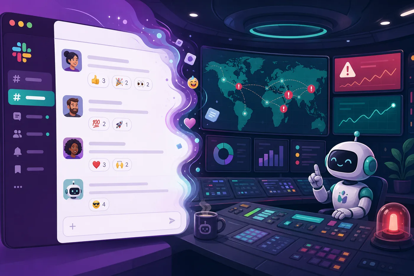 Illustration of a Slack channel transforming into a mission control dashboard with alerts and a friendly AI assistant